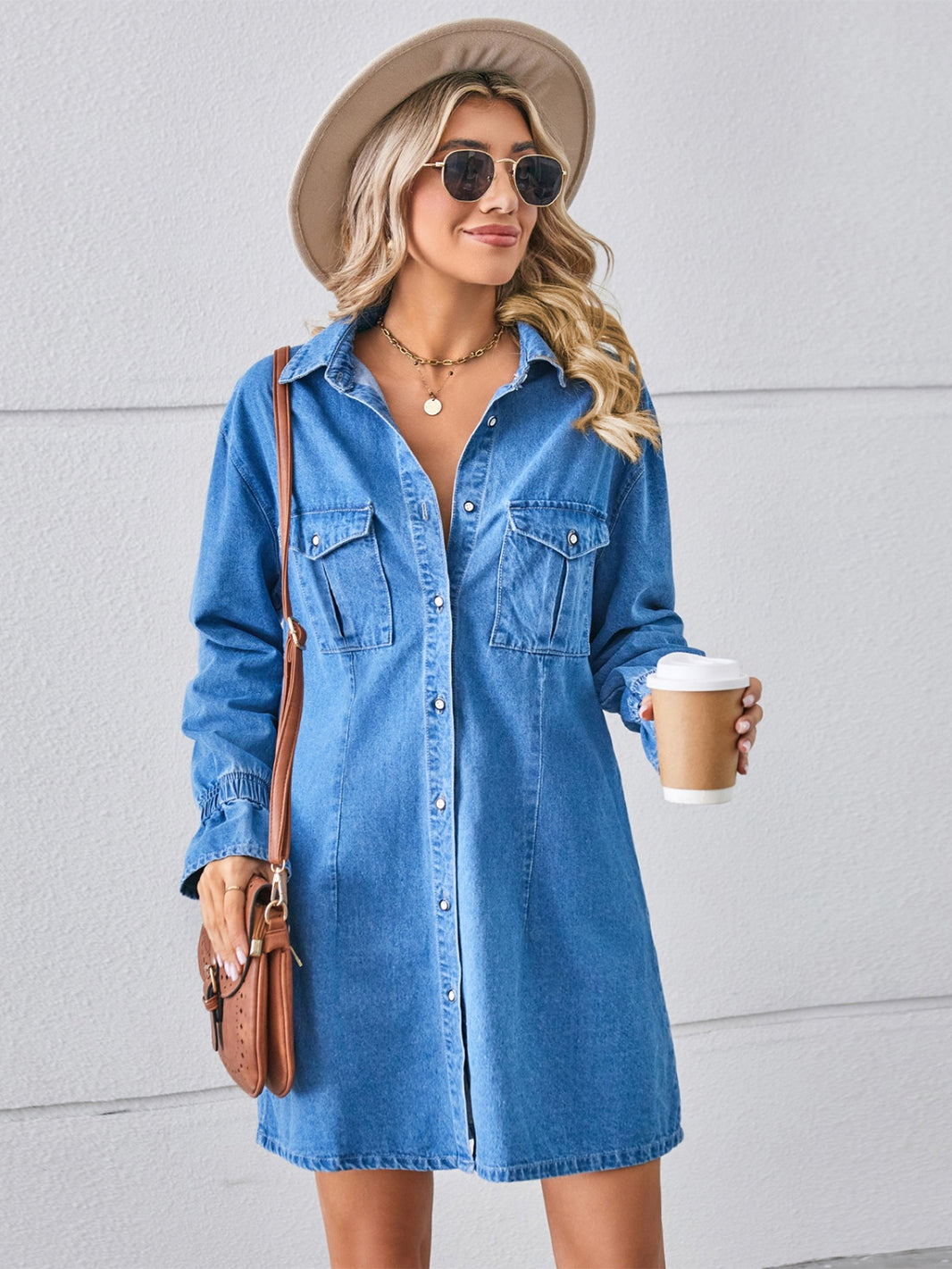 Pocketed Dropped Shoulder Mini Denim Dress Trendsi