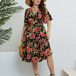 Plus Size Floral Tie Belt Surplice Dress Trendsi