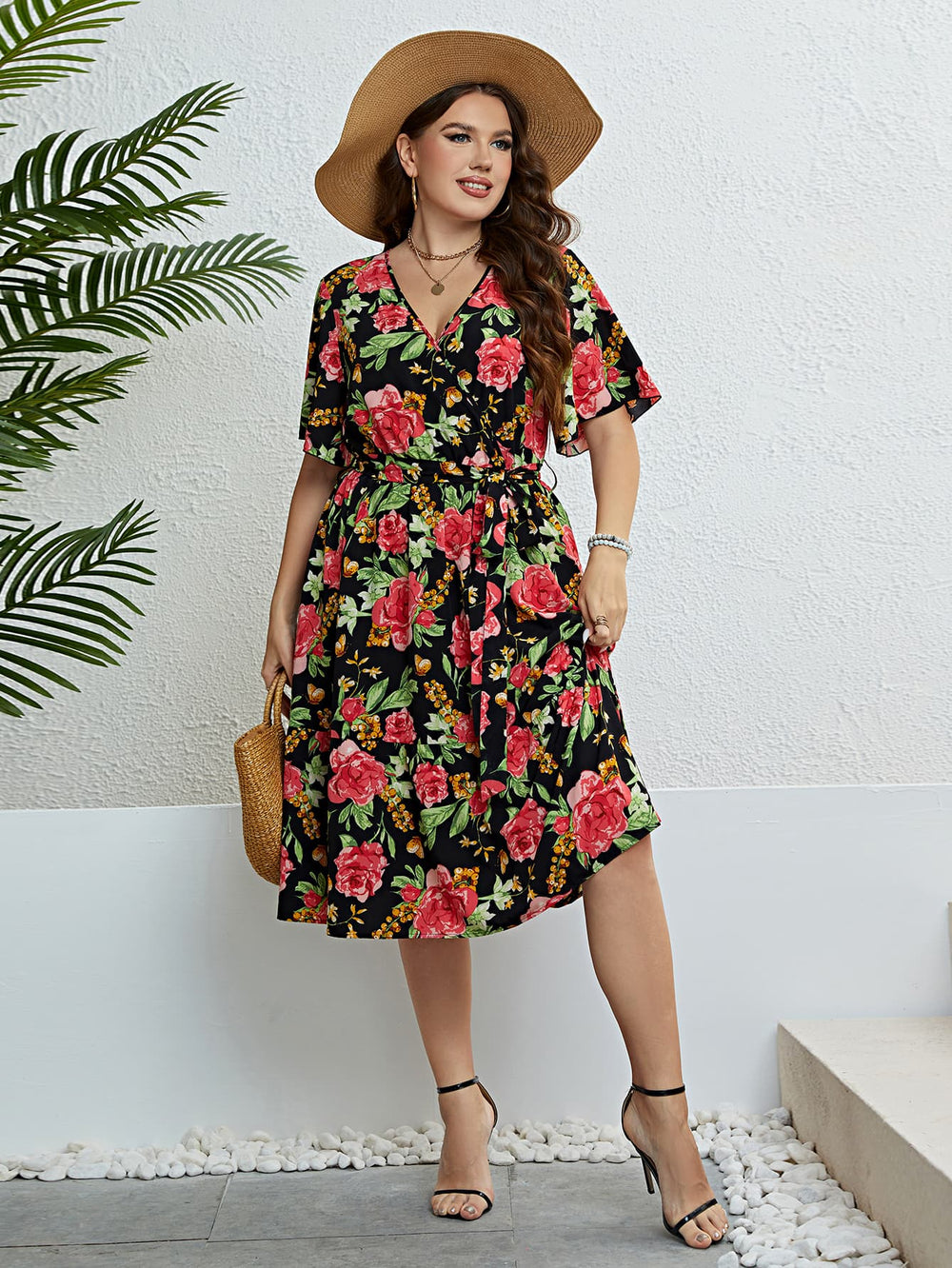 Plus Size Floral Tie Belt Surplice Dress Trendsi