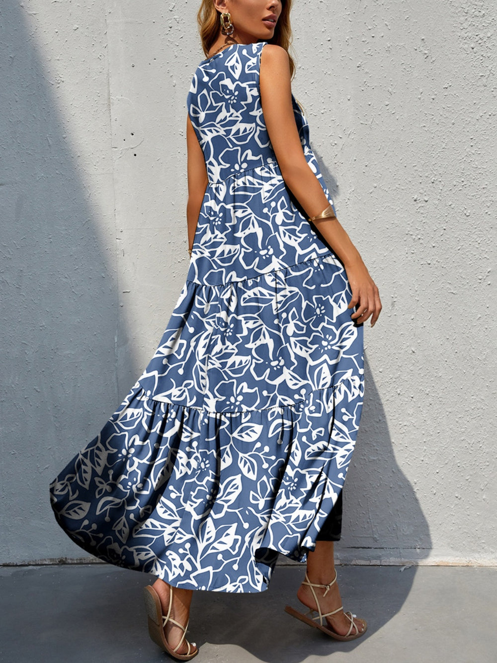 Tiered Printed V-Neck Sleeveless Dress Trendsi