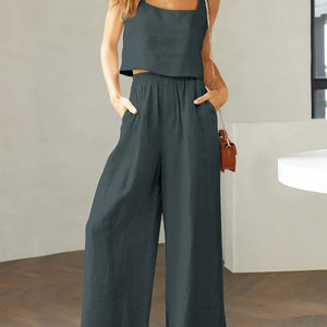 Square Neck Top and Wide Leg Pants Set Trendsi