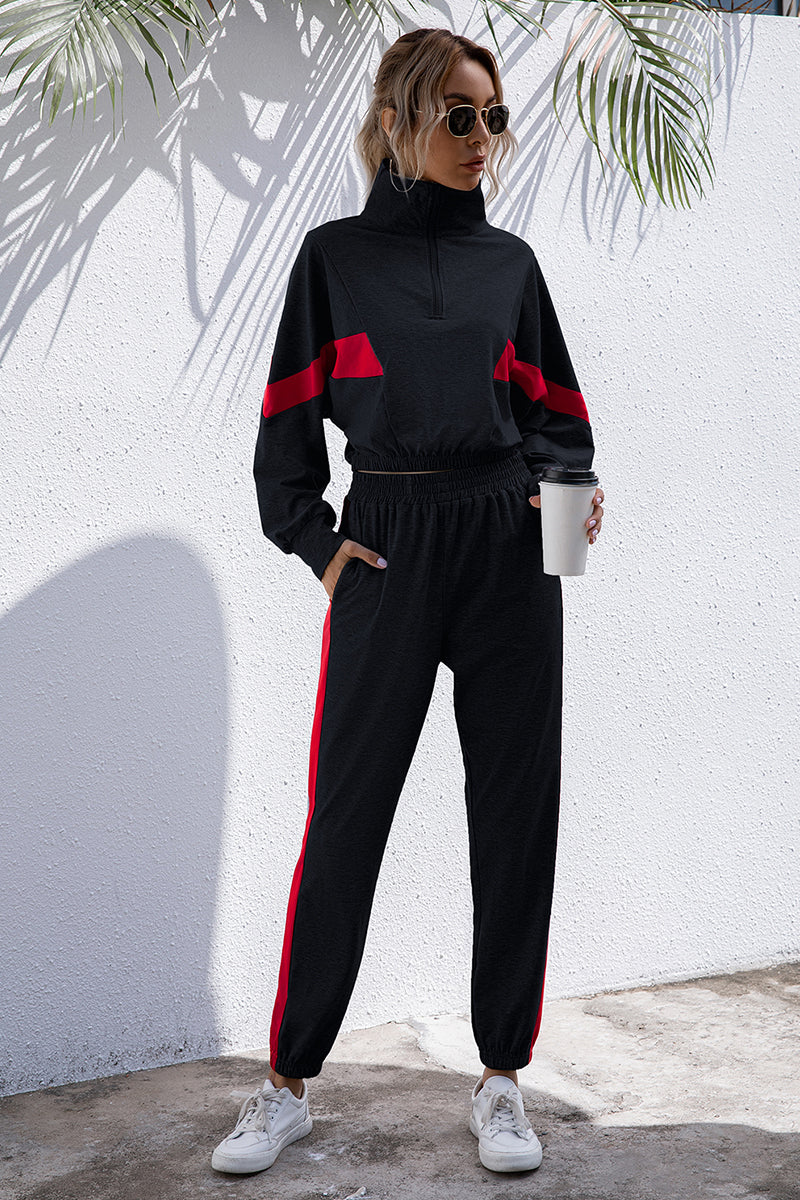 Turtle Neck Long Sleeve Zip-Up Top Long Pants Set Trendsi