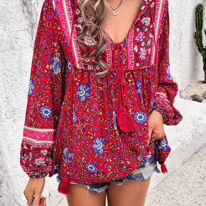 Printed Tie Neck Long Sleeve Blouse Trendsi