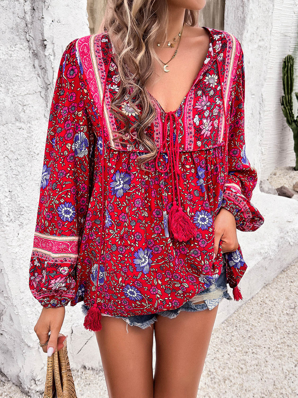 Printed Tie Neck Long Sleeve Blouse Trendsi