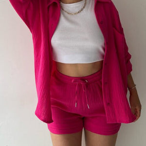 Texture Button Up Shirt and Drawstring Shorts Set Trendsi