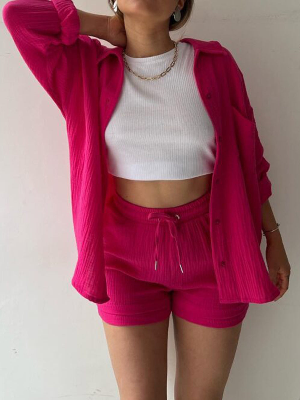 Texture Button Up Shirt and Drawstring Shorts Set Trendsi