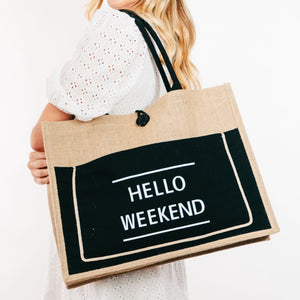 Fame Hello Weekend Burlap Tote Bag Trendsi