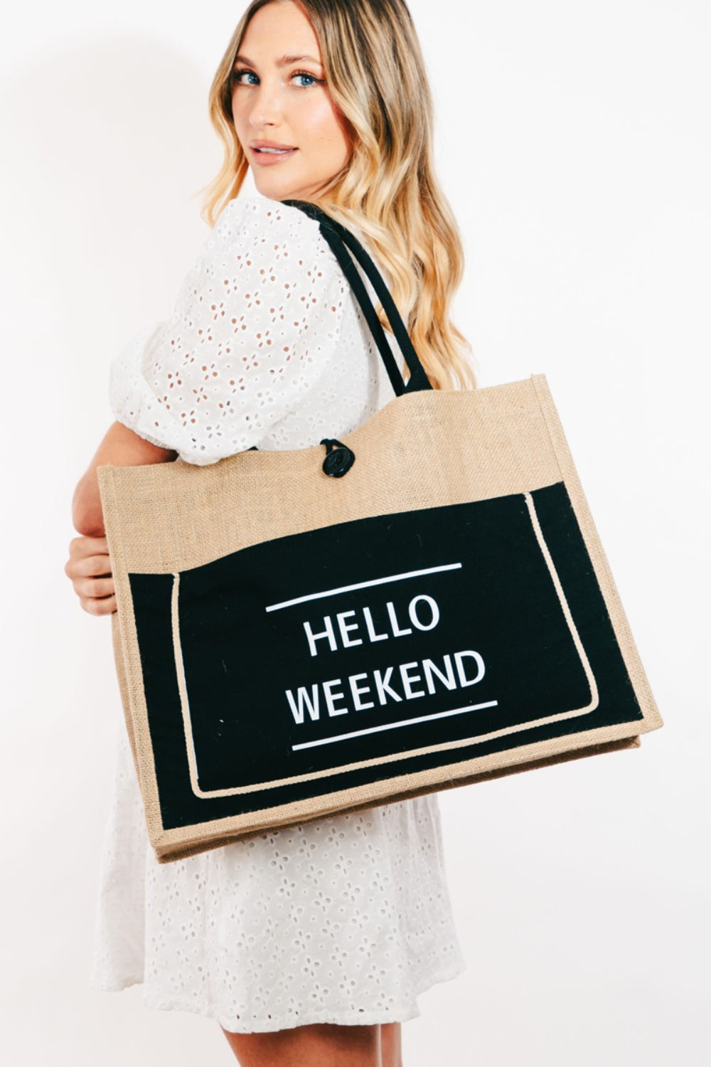 Fame Hello Weekend Burlap Tote Bag Trendsi