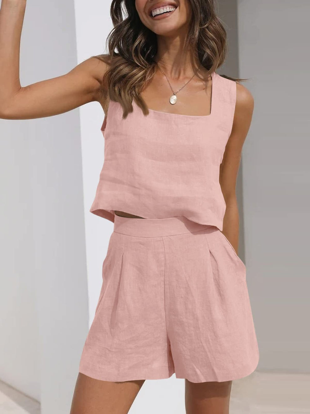 Square Neck Wide Strap Top and  Shorts Set Trendsi