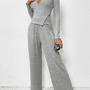 Surplice Long Sleeve Top and Pants Set Trendsi