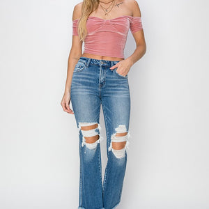 RISEN Mid Rise Distressed Cropped Flare Jeans Trendsi