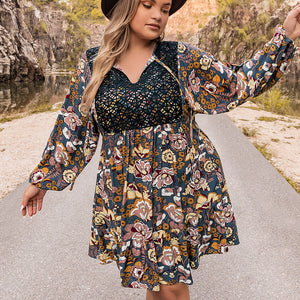 Plus Size Floral Tie Neck Balloon Sleeve Mini Dress Trendsi