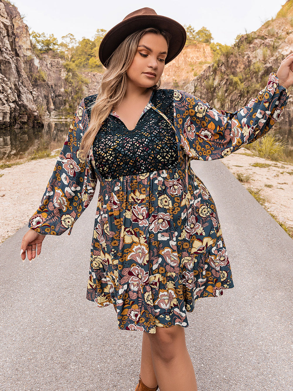 Plus Size Floral Tie Neck Balloon Sleeve Mini Dress Trendsi