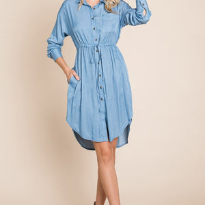 Faith Apparel Button Up Drawstring Shirt Dress Trendsi