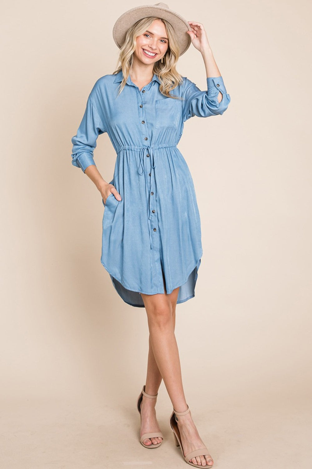 Faith Apparel Button Up Drawstring Shirt Dress Trendsi