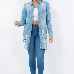 American Bazi Distressed Button Up Long Sleeve Denim Jacket Trendsi