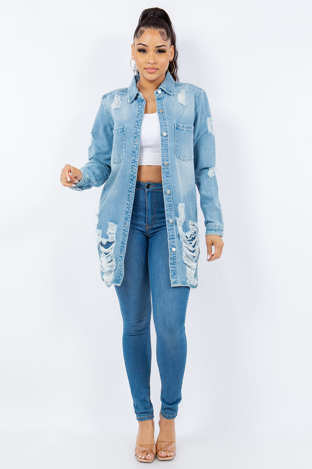 American Bazi Distressed Button Up Long Sleeve Denim Jacket Trendsi