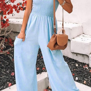 Smocked Spaghetti Strap Wide Leg Jumpsuit Trendsi