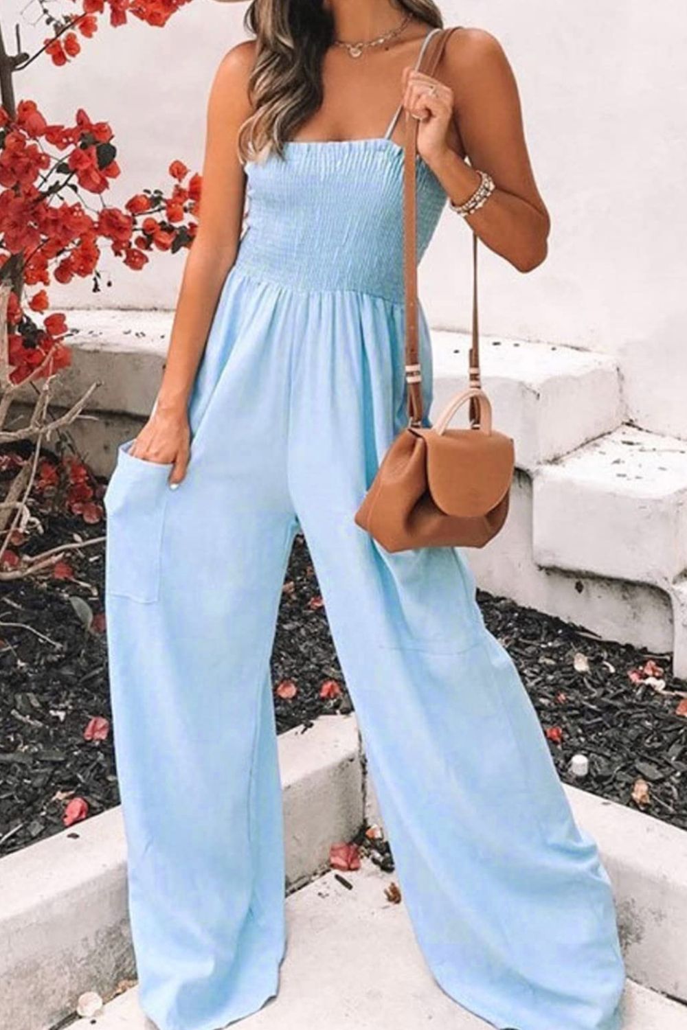 Smocked Spaghetti Strap Wide Leg Jumpsuit Trendsi