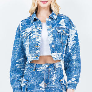 American Bazi Jacquard Trim Cropped Denim Jacket Trendsi