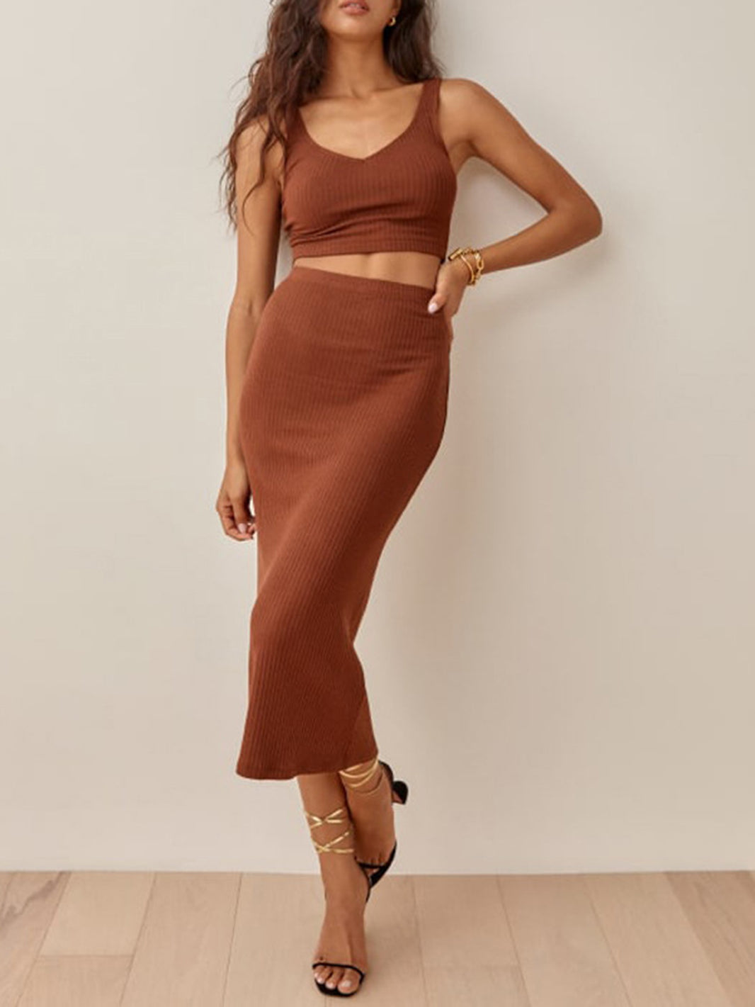 Wide Strap Top and High Waist Skirt Set Trendsi