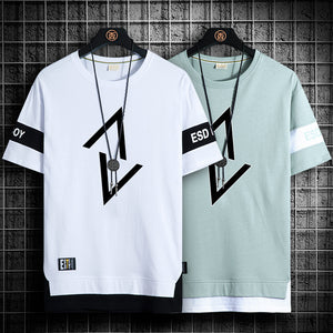 Summer New Fake Two-piece Printed Short-sleeved T-shirt Men Crew Neck Casual My Store