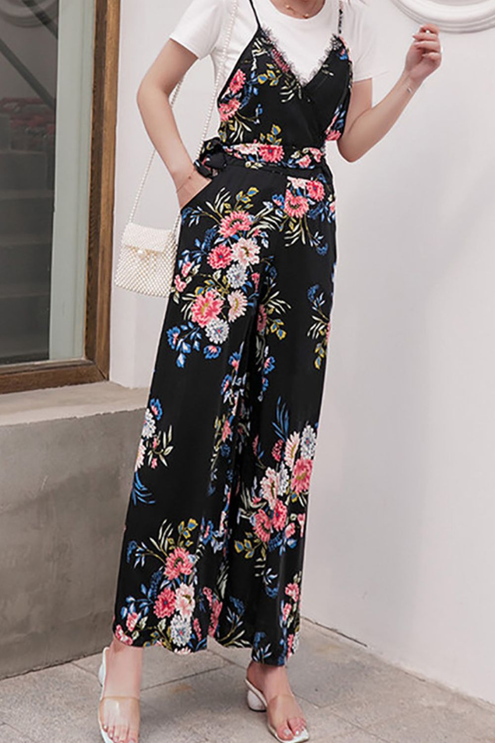 Floral Spaghetti Strap Wide Leg Jumpsuit with Pockets Trendsi