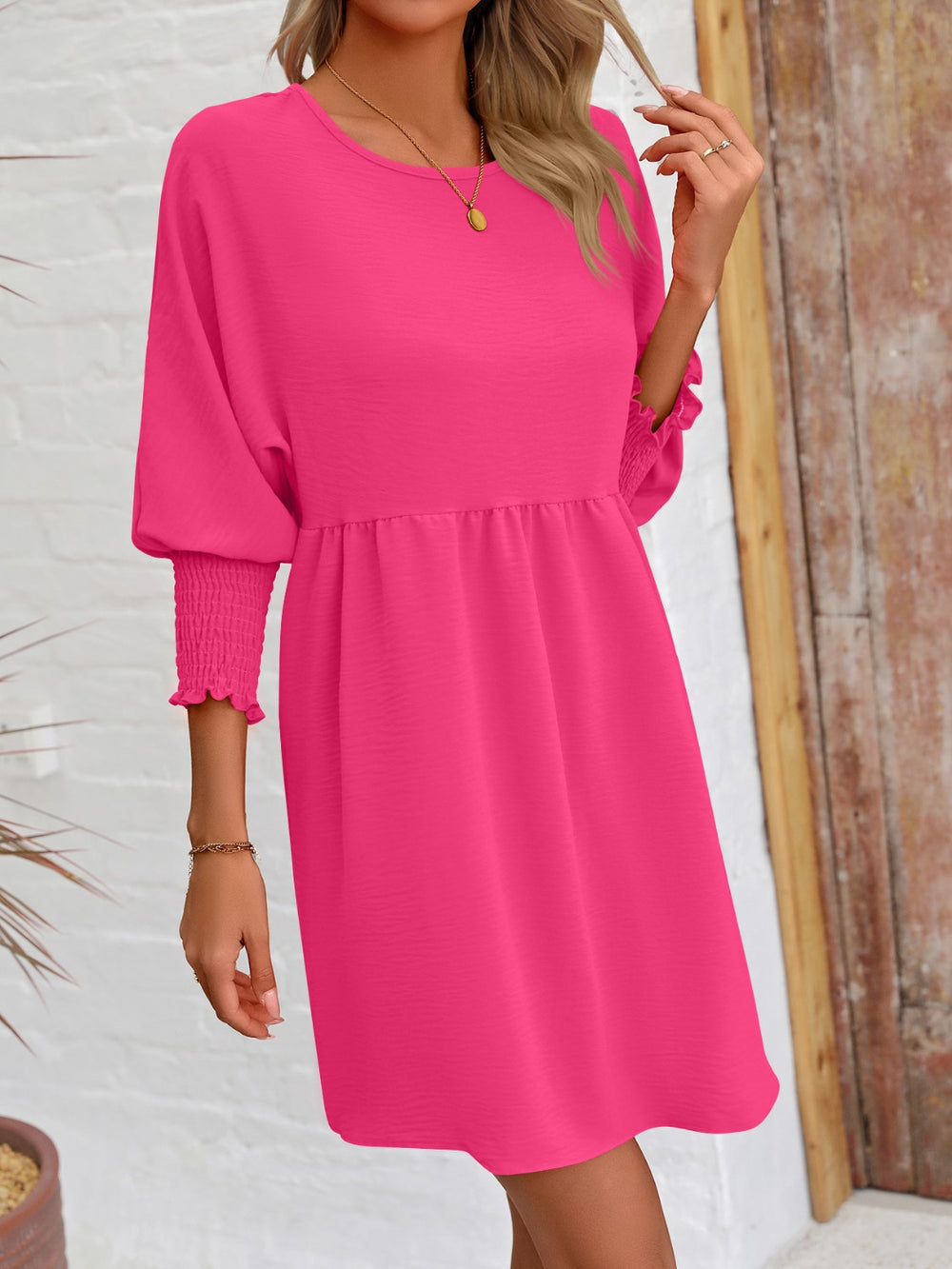 Round Neck Lantern Sleeve Mini Dress Trendsi