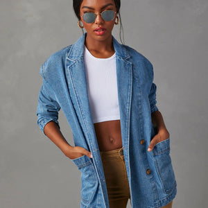 Collared Neck Long Sleeve Denim Jacket Trendsi