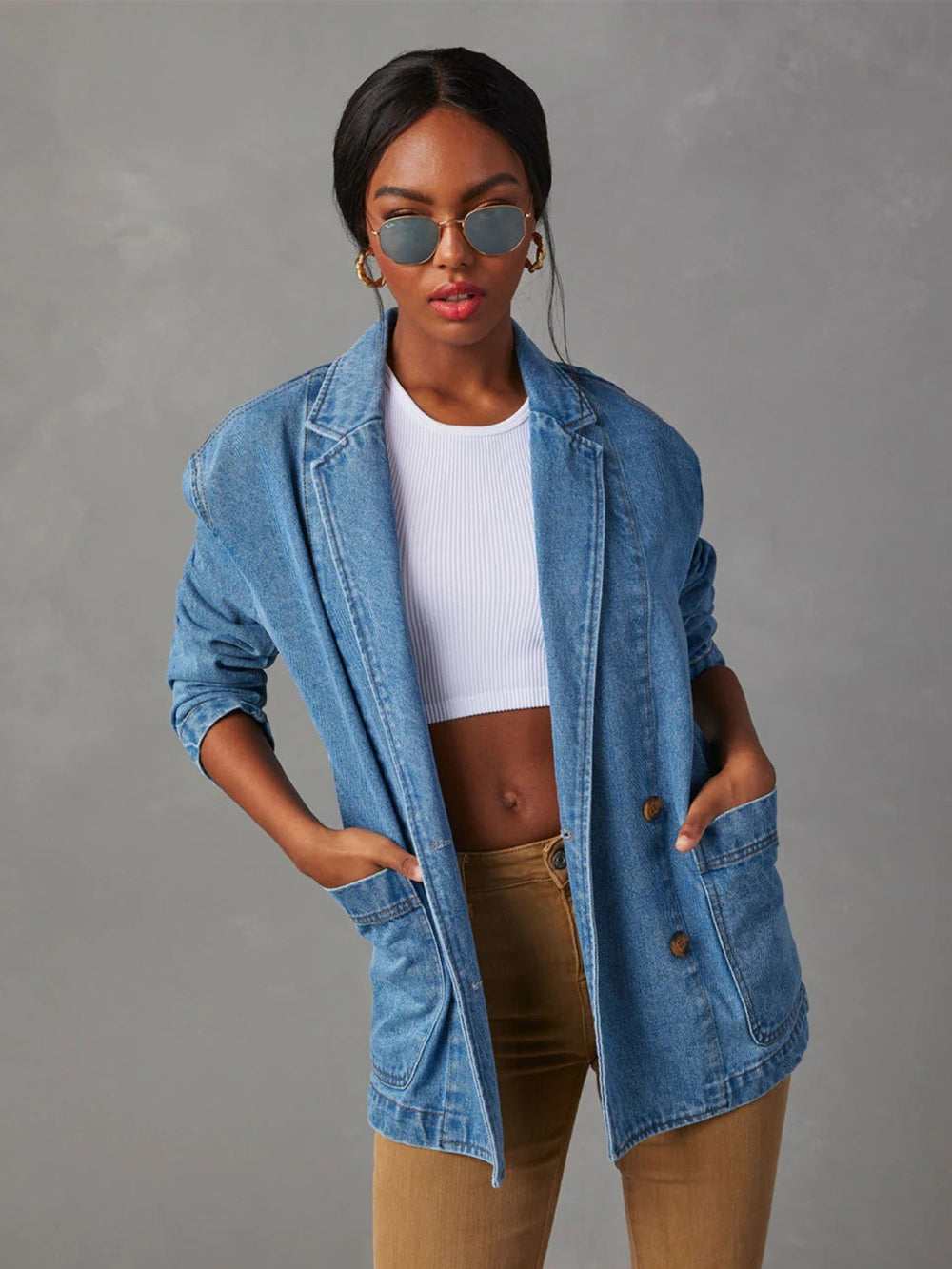 Collared Neck Long Sleeve Denim Jacket Trendsi