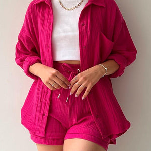 Texture Button Up Shirt and Drawstring Shorts Set Trendsi