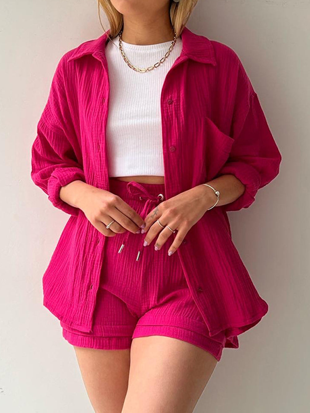 Texture Button Up Shirt and Drawstring Shorts Set Trendsi