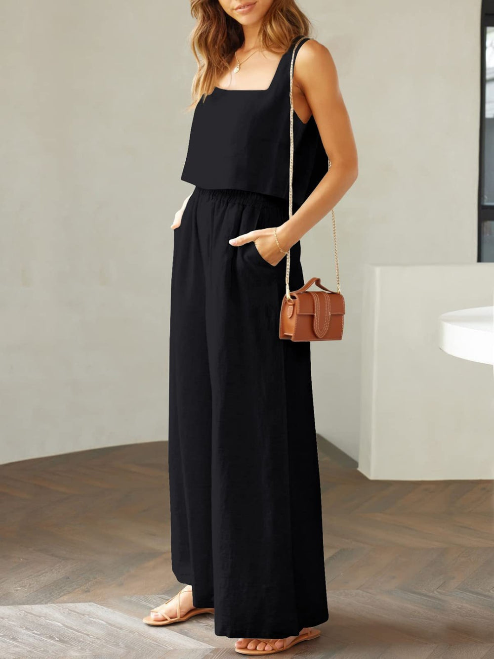 Square Neck Top and Wide Leg Pants Set Trendsi