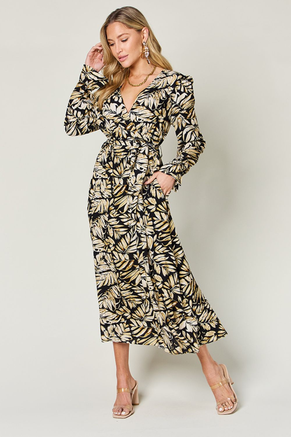 Double Take Full Size Tie Back Flounce Sleeve Dress Trendsi