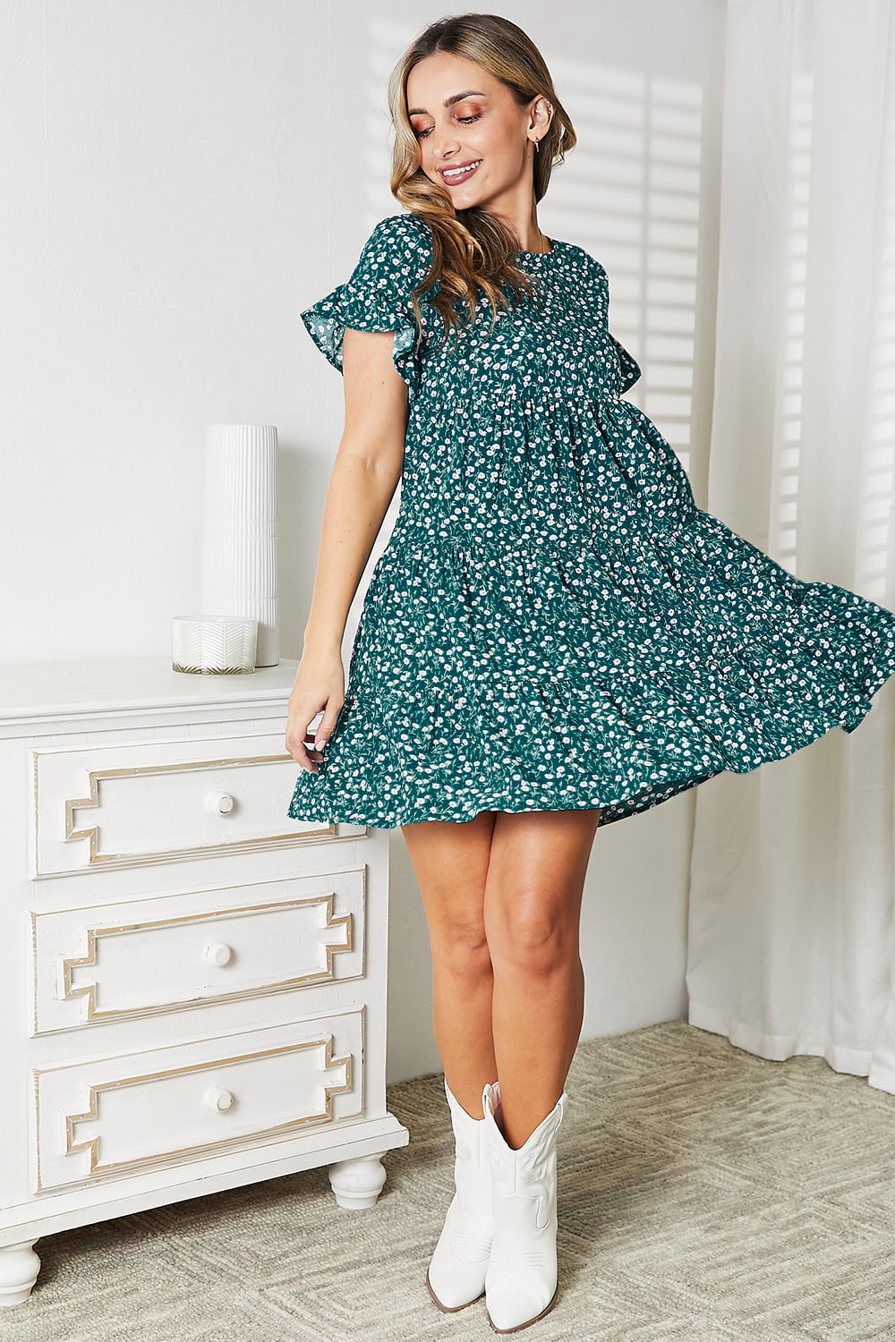 Double Take Short Flounce Sleeve Tiered Dress Trendsi