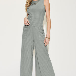 Basic Bae Full Size Ribbed Tank and Wide Leg Pants Set Trendsi