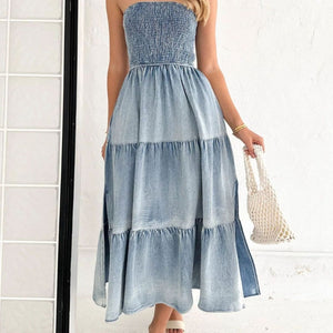 Slit Smocked Tube Tiered Denim Dress Trendsi