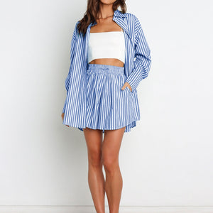 Striped Dropped Shoulder Shirt and Shorts Set Trendsi