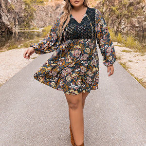 Plus Size Floral Tie Neck Balloon Sleeve Mini Dress Trendsi