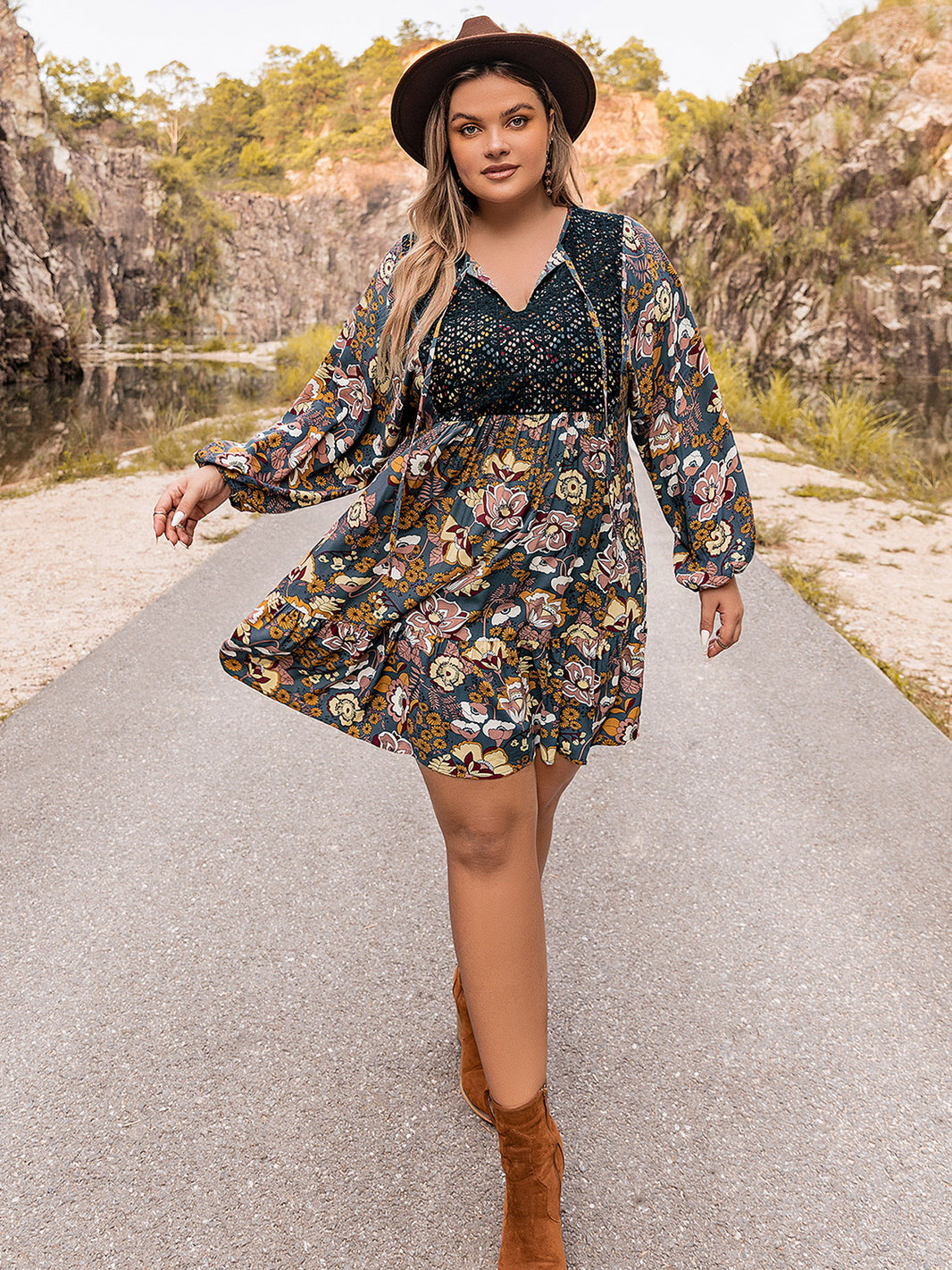 Plus Size Floral Tie Neck Balloon Sleeve Mini Dress Trendsi