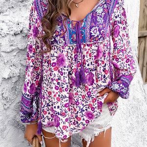 Printed Tie Neck Long Sleeve Blouse Trendsi