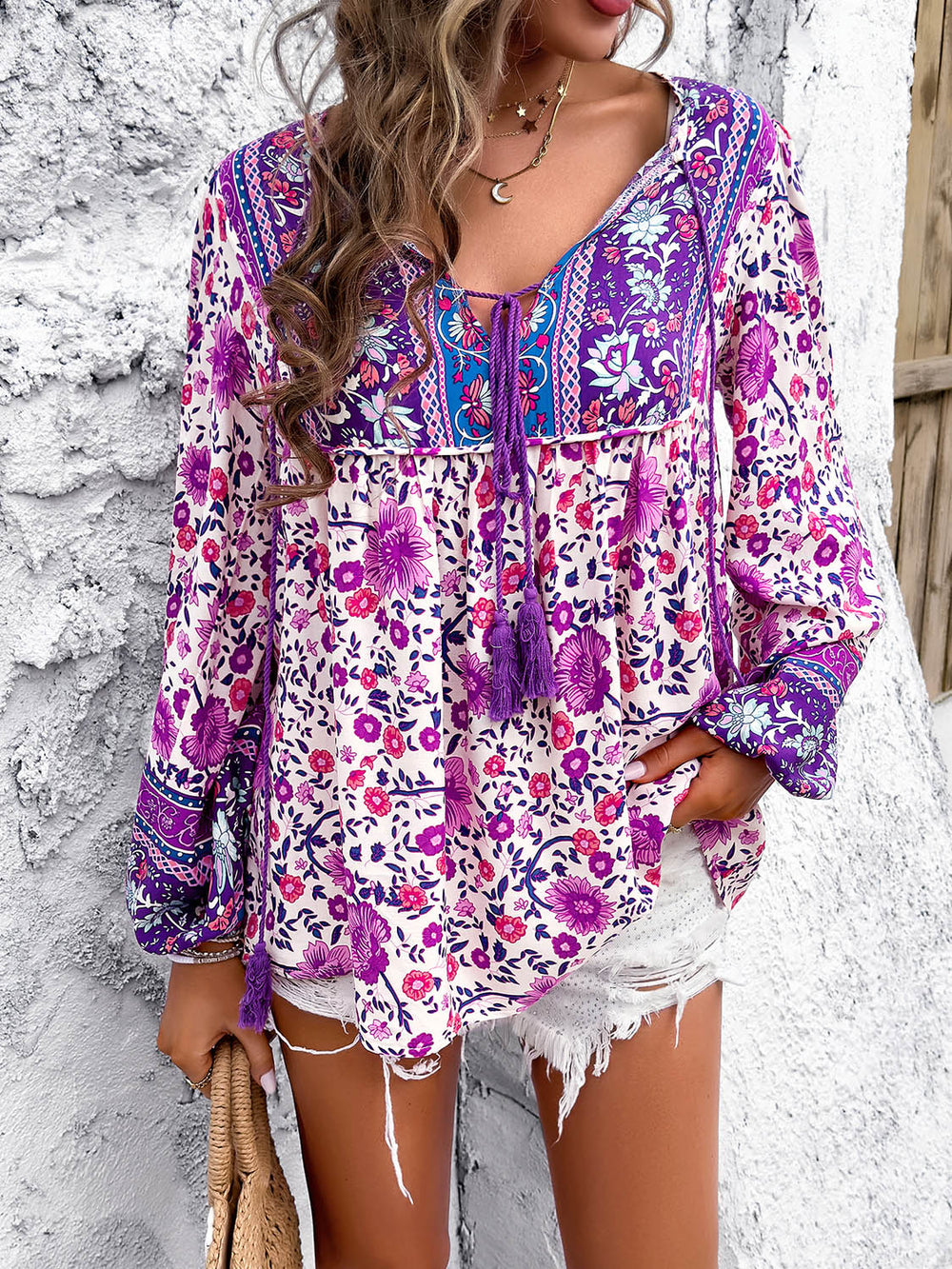 Printed Tie Neck Long Sleeve Blouse Trendsi