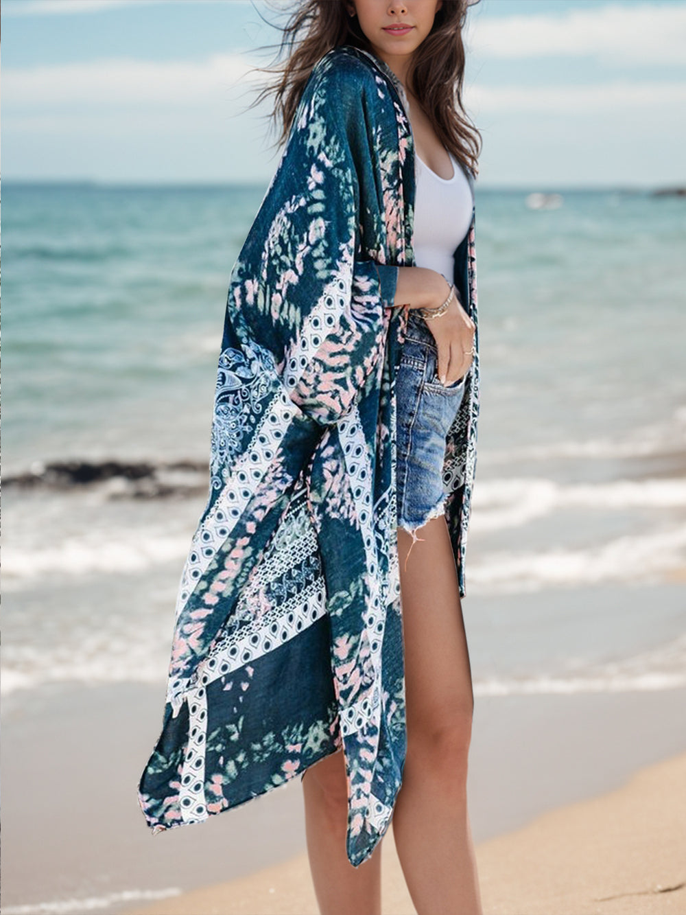 Printed Open Front Cover-Up Trendsi