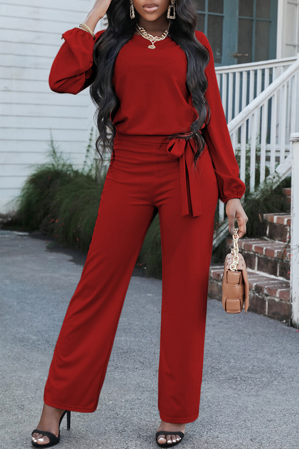 Boat Neck Tie Belt Jumpsuit Trendsi