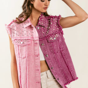 BiBi Pearl & Rhinestone  Decor Contrast Raw Hem Vest Coat Trendsi