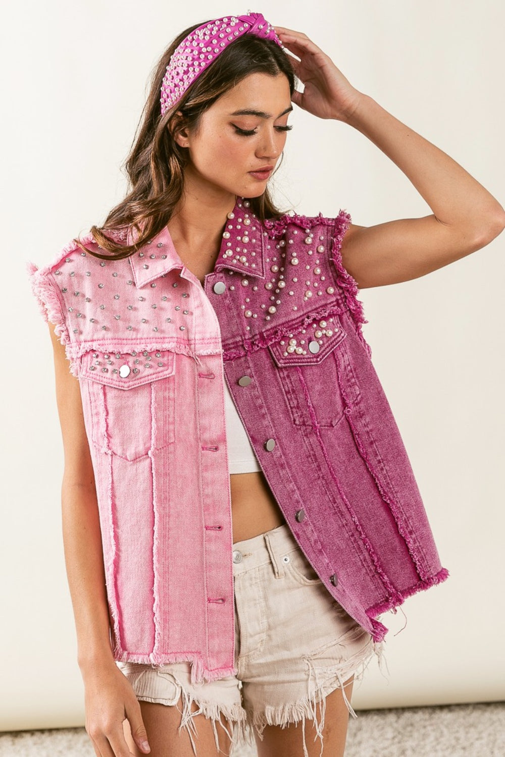 BiBi Pearl & Rhinestone  Decor Contrast Raw Hem Vest Coat Trendsi