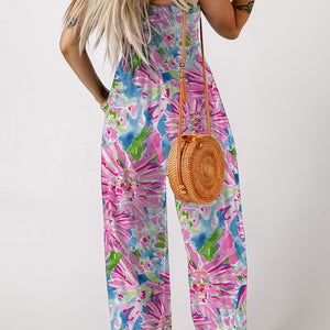 Floral Smocked Square Neck Jumpsuit with Pockets Trendsi