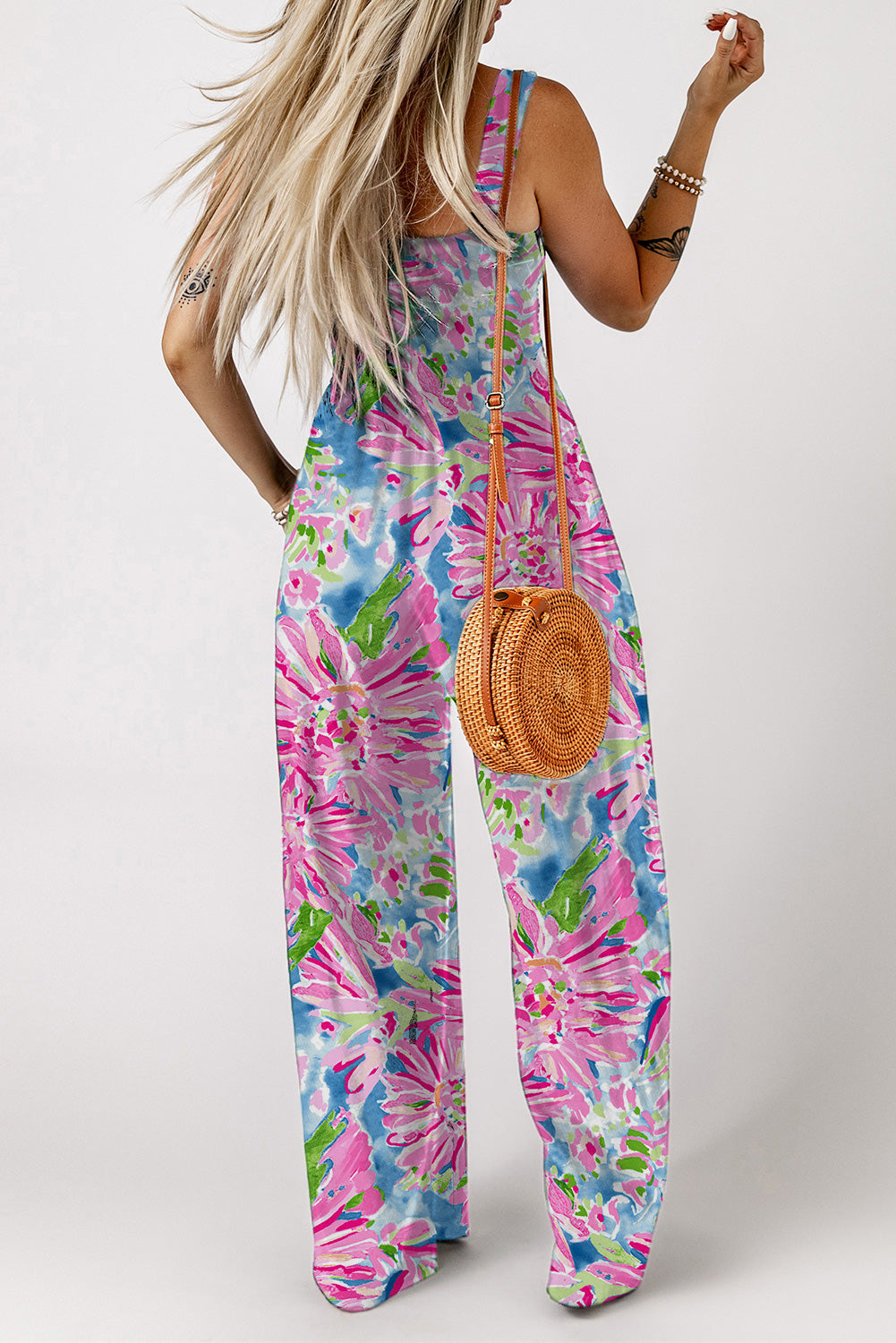 Floral Smocked Square Neck Jumpsuit with Pockets Trendsi