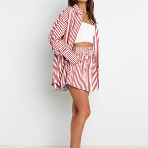 Striped Dropped Shoulder Shirt and Shorts Set Trendsi