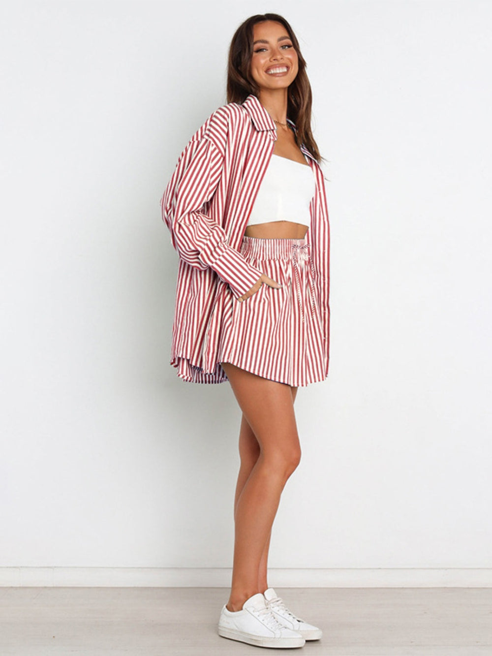 Striped Dropped Shoulder Shirt and Shorts Set Trendsi